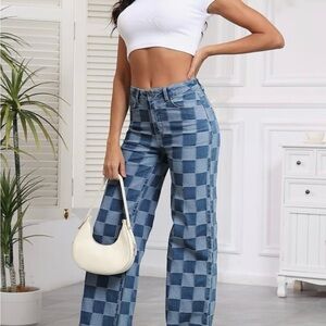 Blue Checkered High-Waisted Jeans NWOT